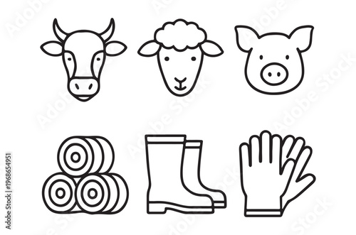 Farm animal heads and related objects in a simple line art style