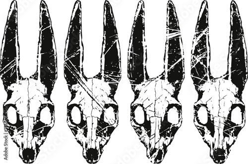 four vintage distressed goat skull illustrations in grunge black and white