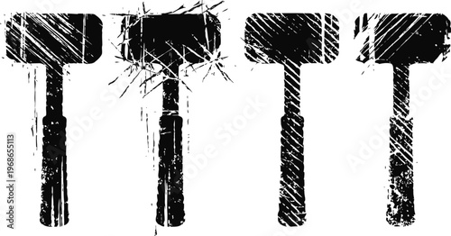 Black grunge rubber mallets with wooden handles, worn tools for construction and repair work