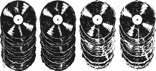 Stacked vinyl records in black and white silhouette for music and retro collection concept