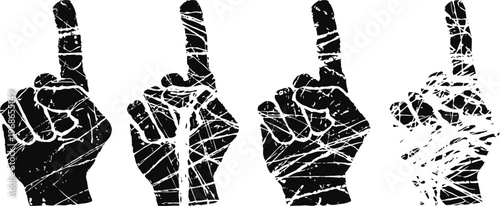 Grunge hand silhouettes pointing up with index finger showing number one symbol
