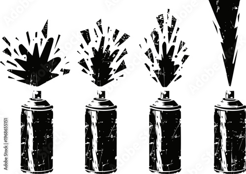 Spray paint can releasing different styles of spray bursts in black silhouette grunge design