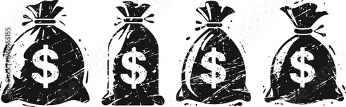 Four black money bags with white dollar signs isolated on white background