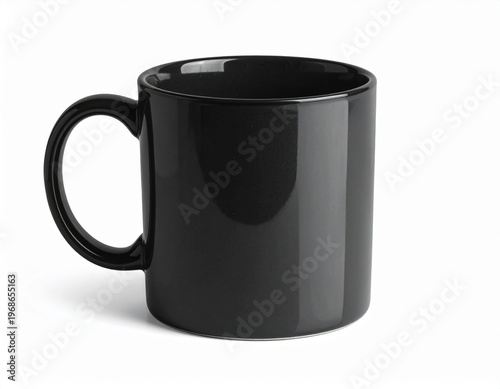 A classic black ceramic mug with a comfortable handle, perfect for your favorite hot beverages like coffee or tea