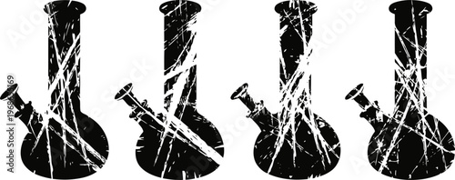 grunge black glass bongs with scratches set smoking accessories silhouettes isolated on white