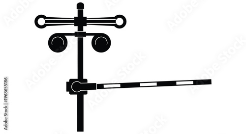 A stark black silhouette of a vintage railway signal with semaphore arms and a barrier standing alone high quality professional detailed