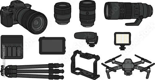 A collection of various photography equipment and accessories on display