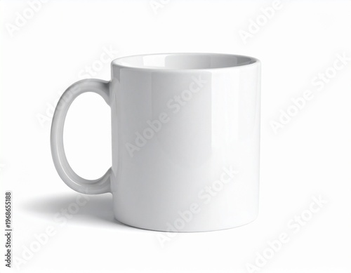 A plain white ceramic mug on a white background, perfect for custom designs and branding