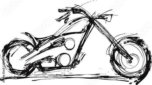 stylized motorcycle sketch with chopper design, rough black ink drawing, vintage custom bike art