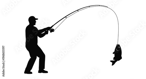 A solitary fisherman battles a large fish depicted in stark contrast as a dramatic silhouette high quality professional detailed modern elegant
