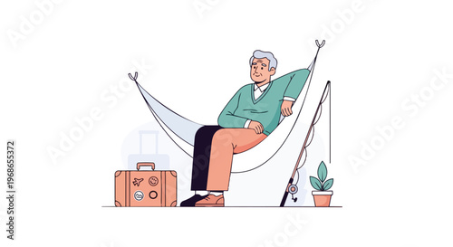 Senior man relaxing in a hammock with luggage and fishing gear