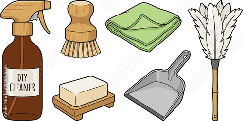 Cleaning tools and supplies arranged on a surface for organization