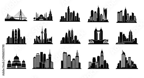 Global city landmarks and urban skyline silhouettes vector icon set with bridge mosque and modern skyscrapers