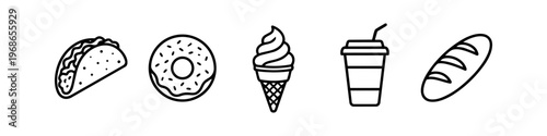 Fast food and bakery icons set with taco, donut, ice cream cone, soft drink and baguette. Line art vector
