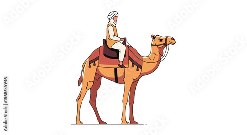 Illustration of a Bedouin man riding a camel in the desert