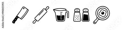 Kitchen utensil icons set including meat cleaver, rolling pin, measuring cup and egg pan. Line art vector