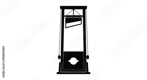 A stark depiction of a historical guillotine rendered entirely in black against a white background silhouette high quality professional detailed modern