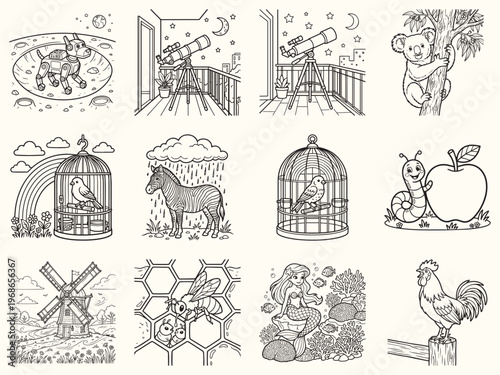 Cute robotic dog exploring lunar surface with earth visible in dark night sky vector line art illustration for coloring book page