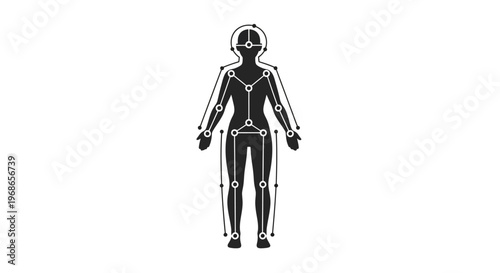 Human Body with Motion Capture Tracking Points in Black Silhouette on Isolated White Background