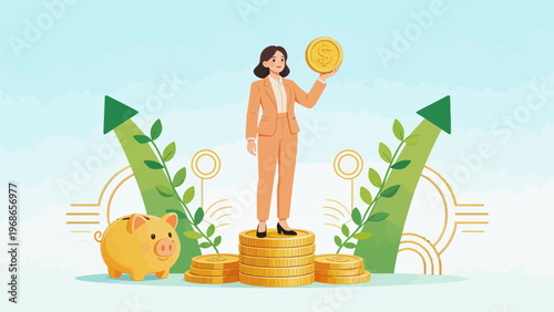 Businesswoman with coins and piggy bank