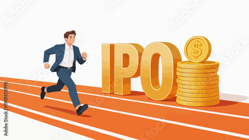Businessman running on track with IPO and coins