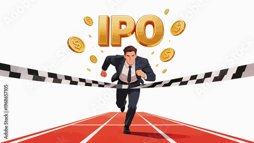 Businessman running on track with IPO coins