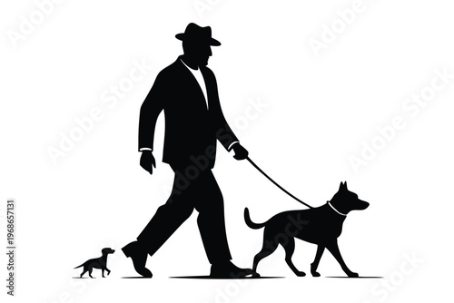 man walking with dog silhouette line art vector illustration with a white background