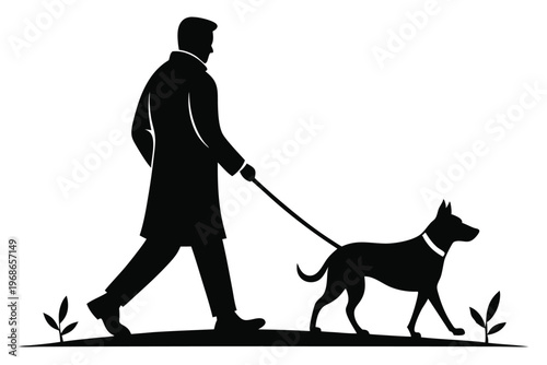 man walking with dog silhouette line art vector illustration with a white background