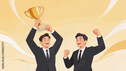 Two men in suits celebrating with trophy
