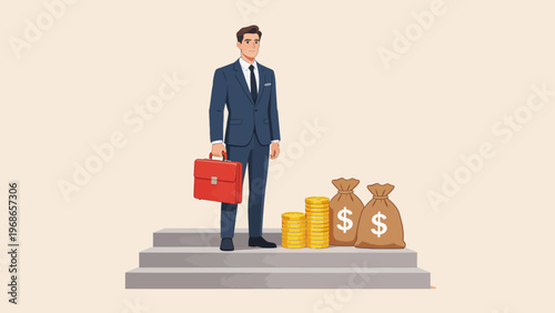 Businessman with money on steps