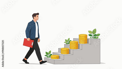 Man climbing stairs with coins and plants