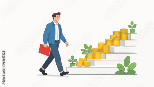 Man climbing stairs with coins
