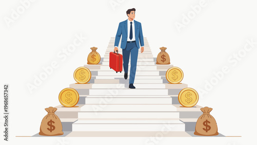 Businessman ascending stairs with money