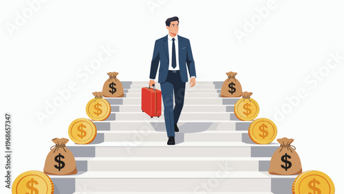 Businessman ascending stairs with money