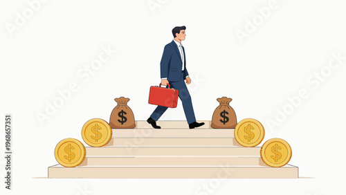 Businessman ascending stairs with money