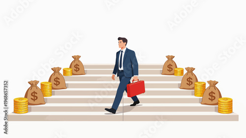 Businessman ascending stairs with money