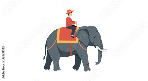 Illustration of a mahout riding a majestic elephant with traditional decorative saddle
