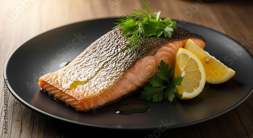 Delicious Grilled Salmon Fillet with Lemon and Herbs.