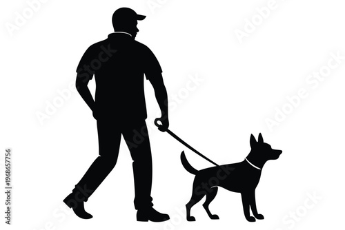 man walking with dog silhouette line art vector illustration with a white background