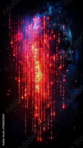 Digital metamorphosis: human silhouette dissolving into cascade of glowing red binary code and cosmic dust, symbolizing artificial intelligence, data transformation, and futuristic consciousness