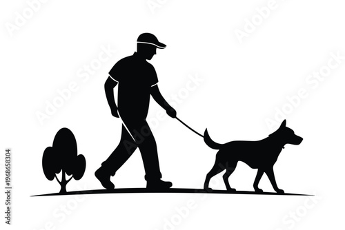 man walking with dog silhouette line art vector illustration with a white background