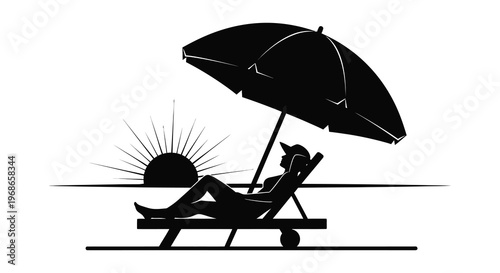 A person relaxes on a beach chair under an umbrella enjoying a sunset view rendered as a silhouette high quality professional