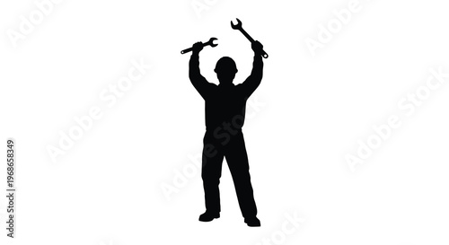 A construction worker raises two wrenches above his head in a triumphant pose depicted as a silhouette high quality professional detailed