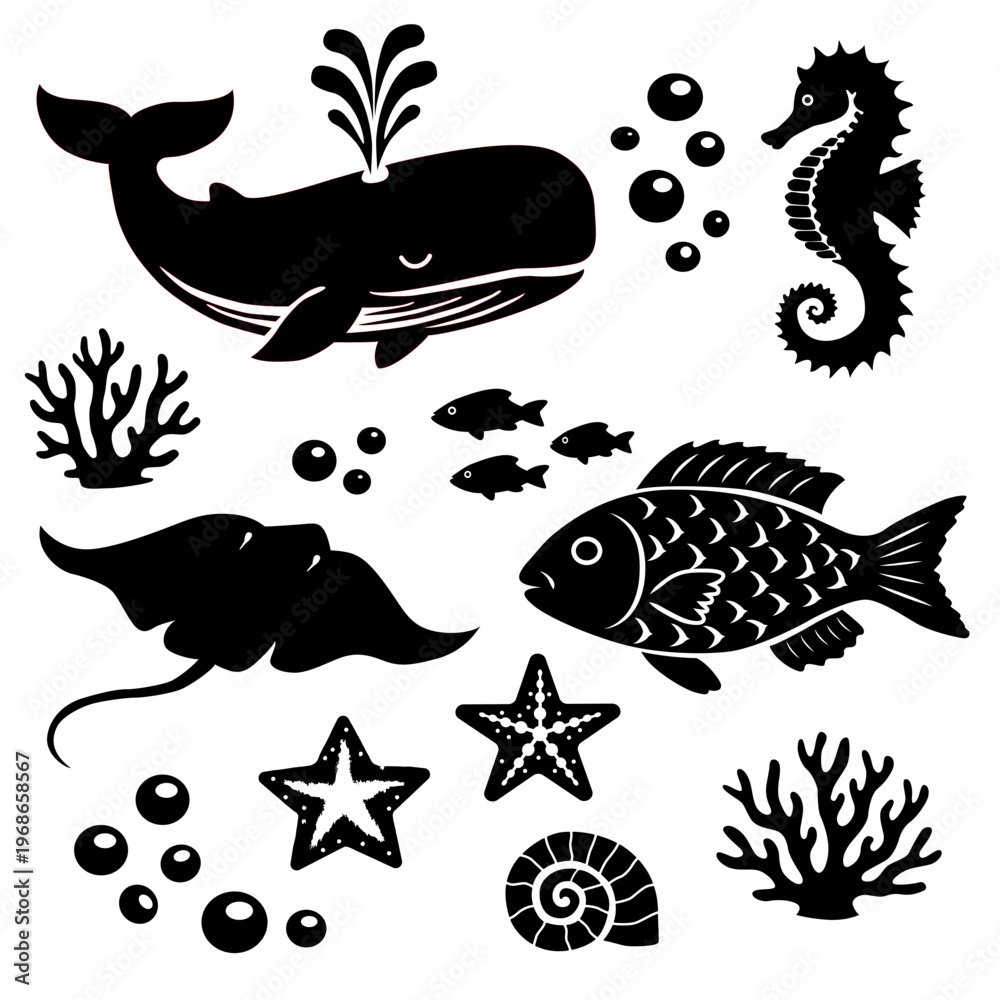 Obraz premium Set of whale, fish, seahorse, stingray, coral and starfish in linocut silhouette style for ocean and marine themes