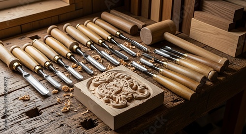 Wood Carving Tools and Carved Block on Wooden Surface.