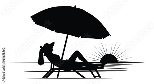 A person relaxes on a beach chair under a parasol enjoying a serene sunset view a striking silhouette high quality