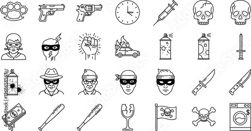 Crime and Gangster Vector Icon Set Featuring Weapons Skulls Masked Criminals Graffiti Spray Cans Money Laundering And Illegal Activity Symbols