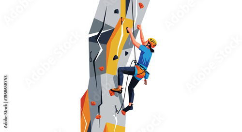 Woman rock climbing on an indoor wall with safety equipment