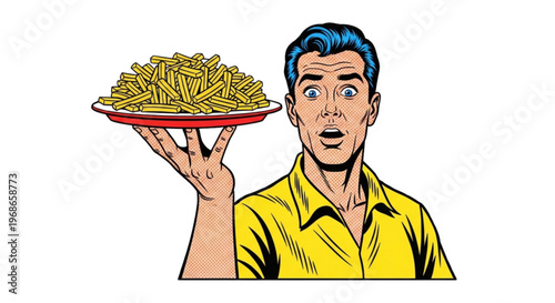 Man surprised holding plate of pasta with yellow shirt  