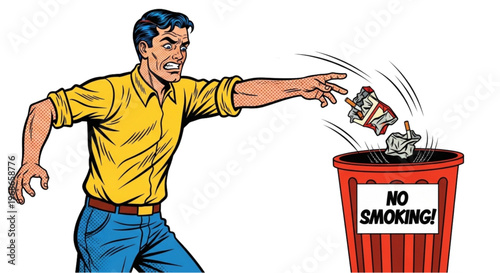 Man angrily throwing away cigarettes into trash can labeled "No Smoking"  